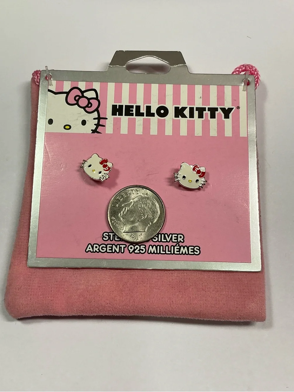 Hello Kitty Silver Enamel Stud Earrings in Pink & White